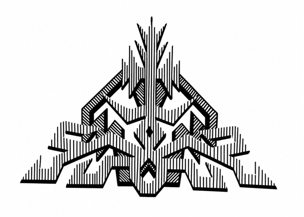 Simetriškas juodai baltas ornamentas su geometriniais raštais