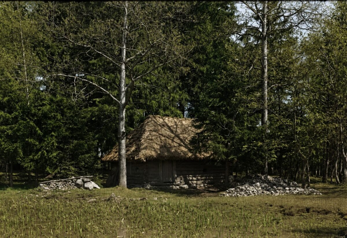 Senovės pirtis miško pakraštyje su šiaudiniu stogu ir rąstinėmis sienomis